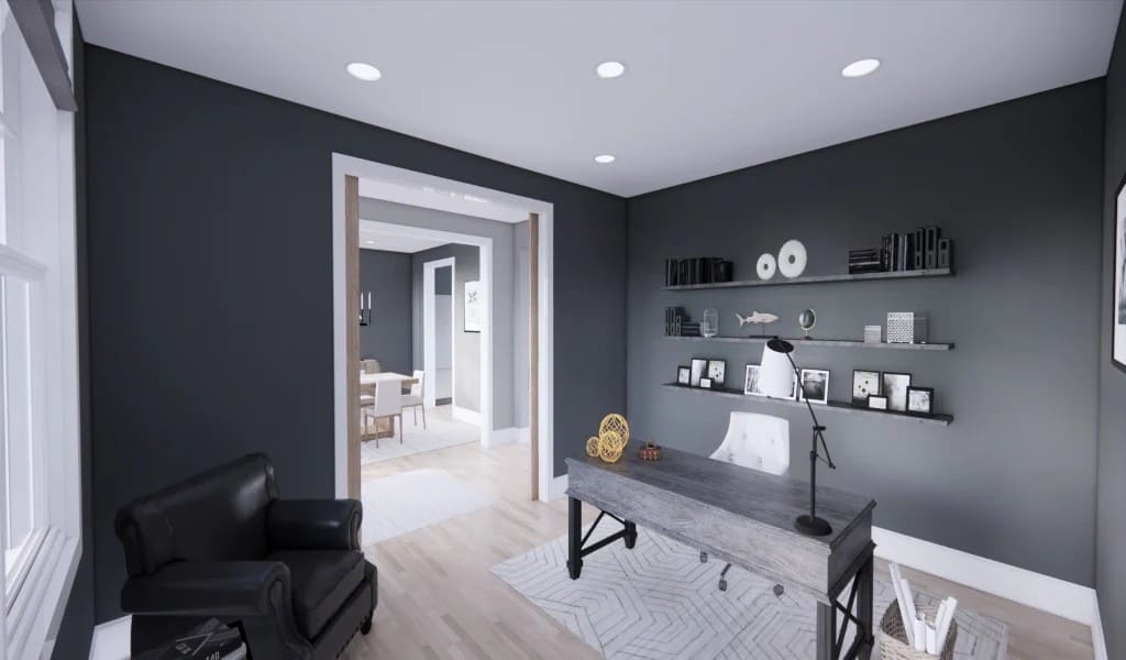 The home office has a leather armchair and a rustic desk paired with a tufted swivel chair.