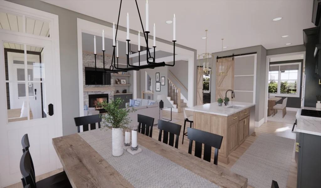 The dining area has a wooden dining set and direct access to the back porch.