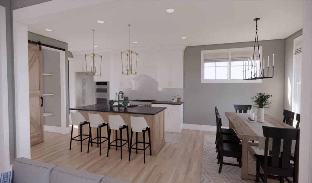 Kitchen with white cabinetry, a breakfast island, and a sliding barn door that reveals the home office.