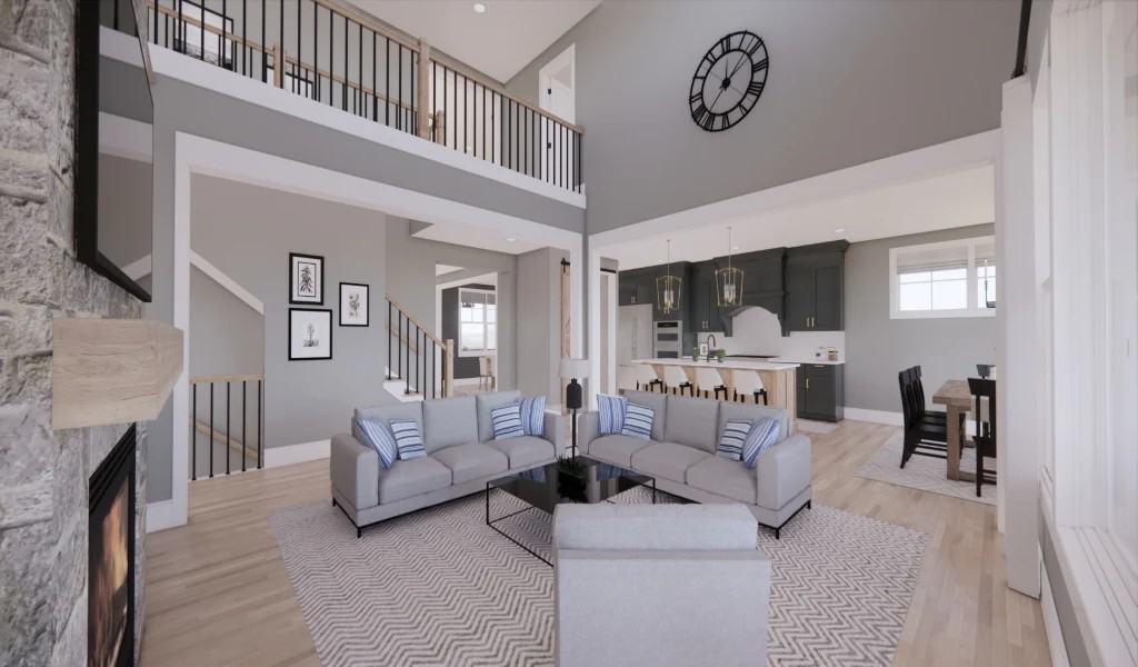 The great room has a two-story ceiling, a stone fireplace, and sectional sofas paired with a modern coffee table.