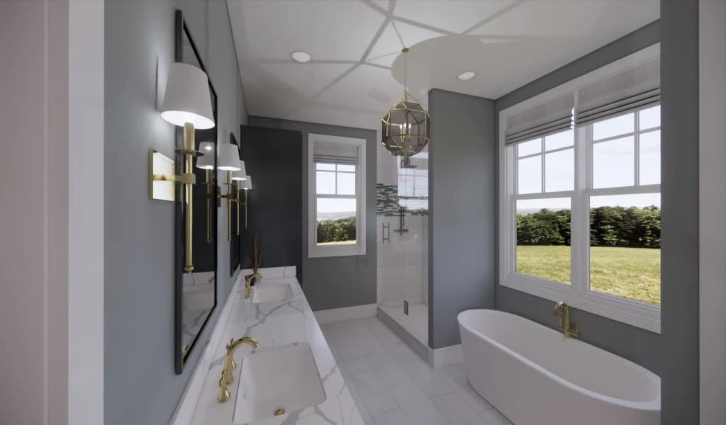 The primary bedroom offers a dual sink vanity, a walk-in shower, a freestanding tub, and great views of the backyard.