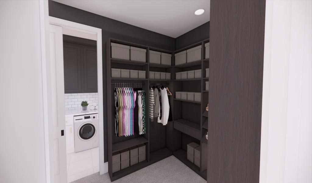 The walk-in closet offers lots of storage space and direct access to the laundry room.