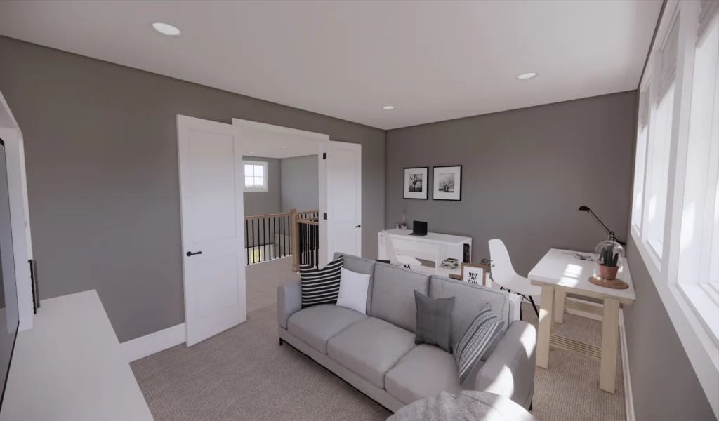 Loft with double white doors, multiple desks, and a gray sectional sofa.