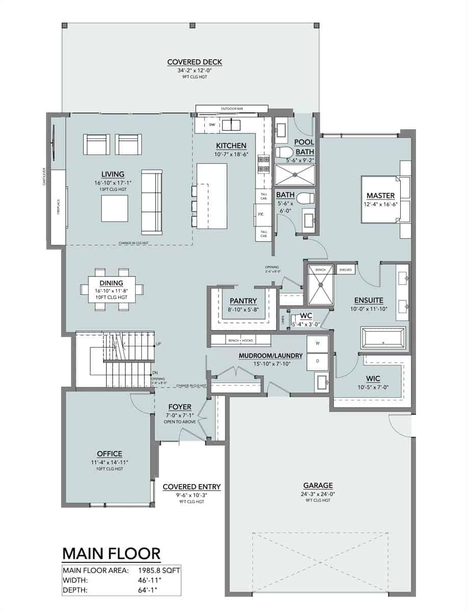 Main level floor plan of a 3-bedroom two-story contemporary home with foyer, home office, dining room, living room, kitchen, primary suite, and mudroom that opens to the garage.