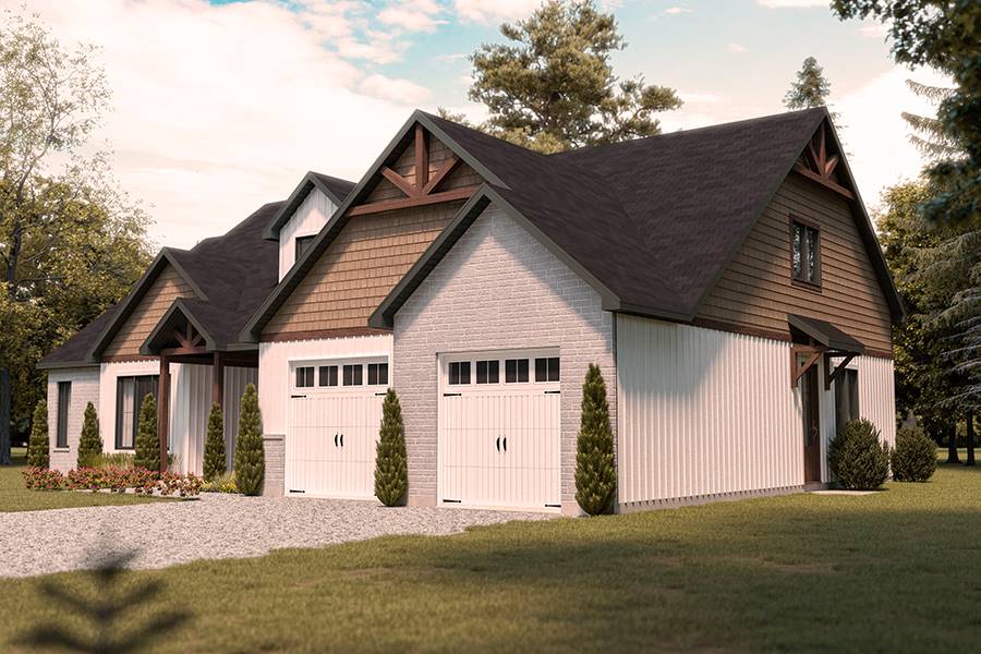 Front right rendering showcasing the 2-car garage crowned with gable roofs