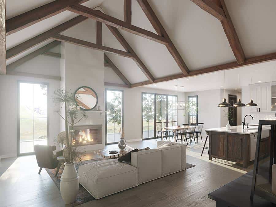 The living room opens completely into the kitchen and bright dining area.