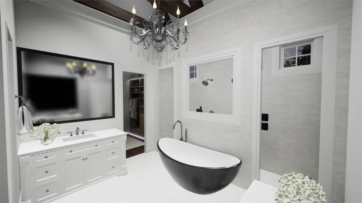 The primary bathroom has double vanities, a freestanding tub, and a spacious tiled shower with two entrances.