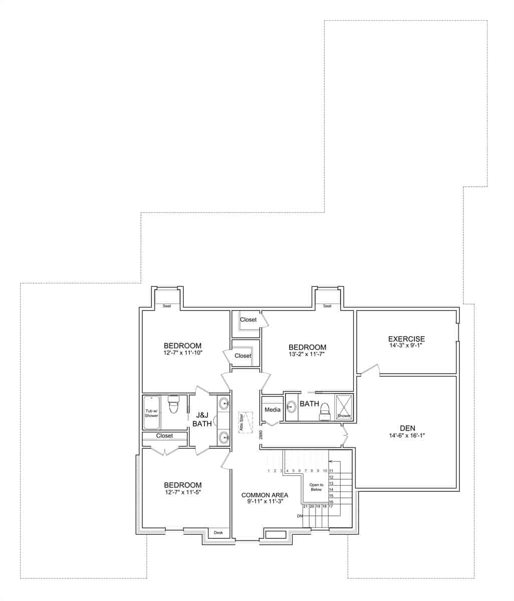 Second level floor plan with three bedrooms, an exercise room, den, and a common area.