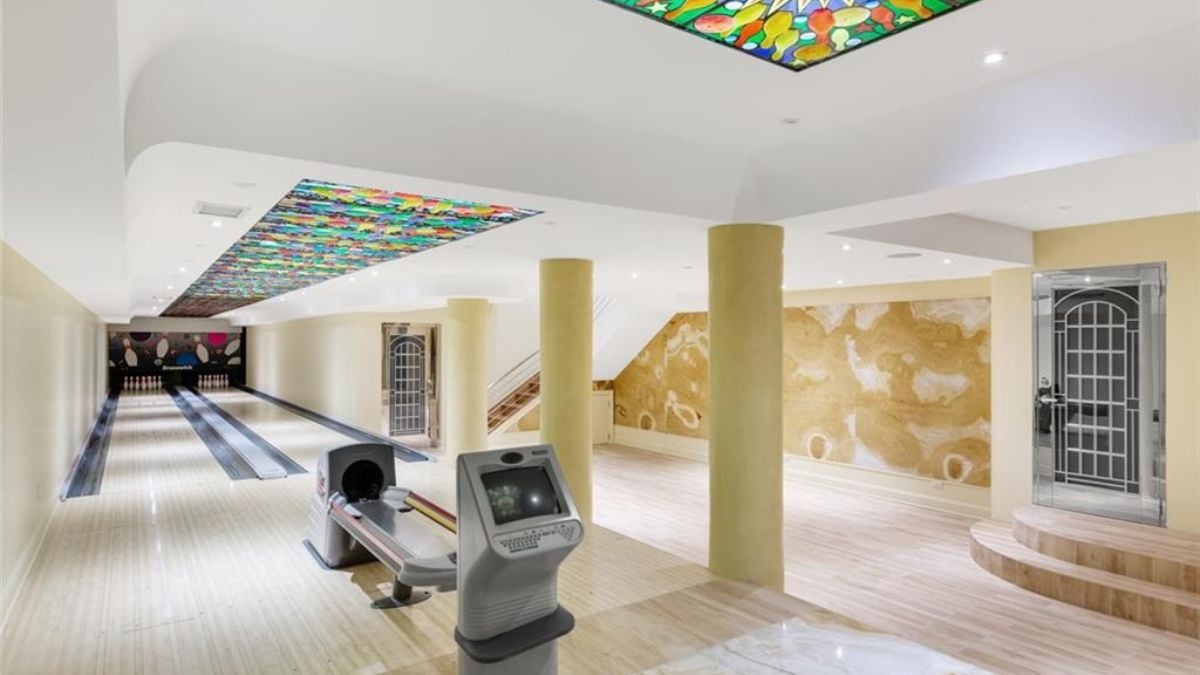 Bowling alley with stained-glass ceiling.