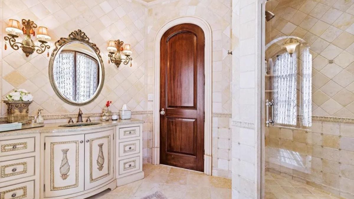 Powder room with glass door shower