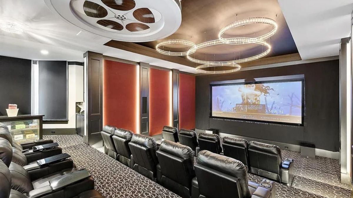 Viewing room with modernized chandeliers.