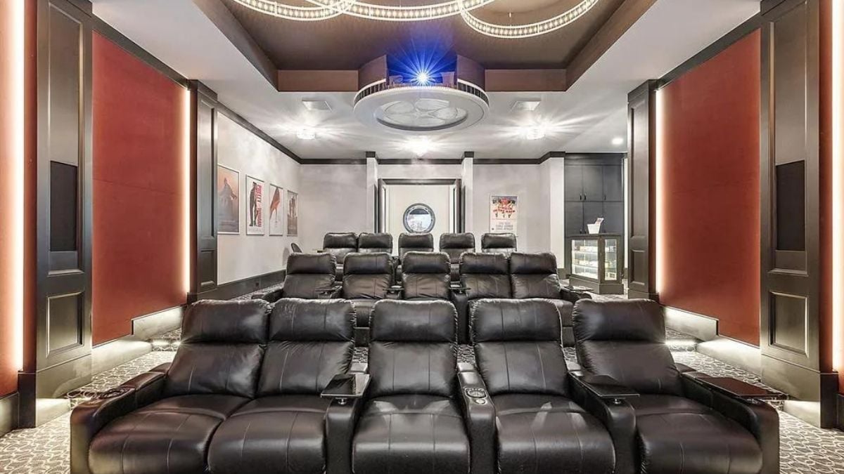 From the screen perspective of the viewing room