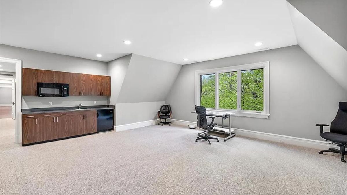 Working area with microwave and wooden drawers