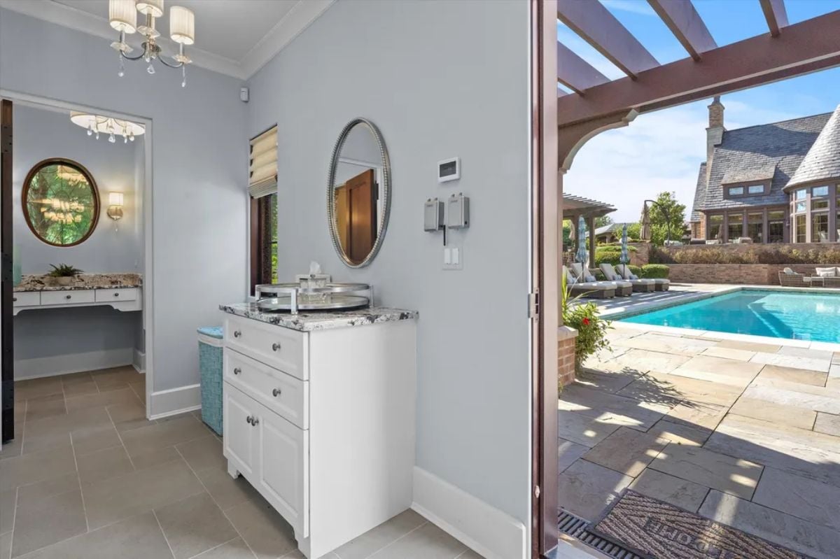 White bathroom by the pool