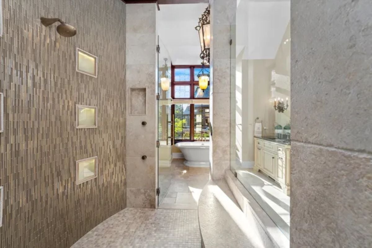 Limestone-tiled bathroom