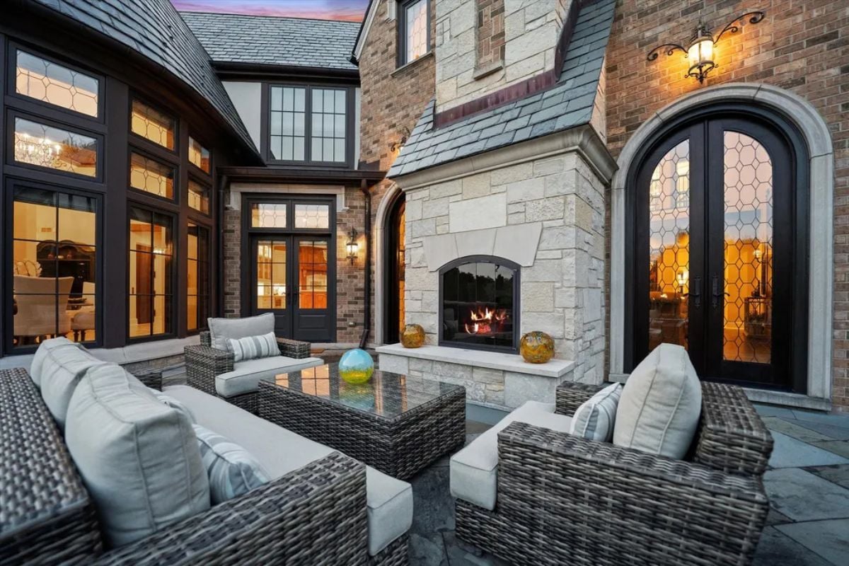 Outdoor living room with fireplace