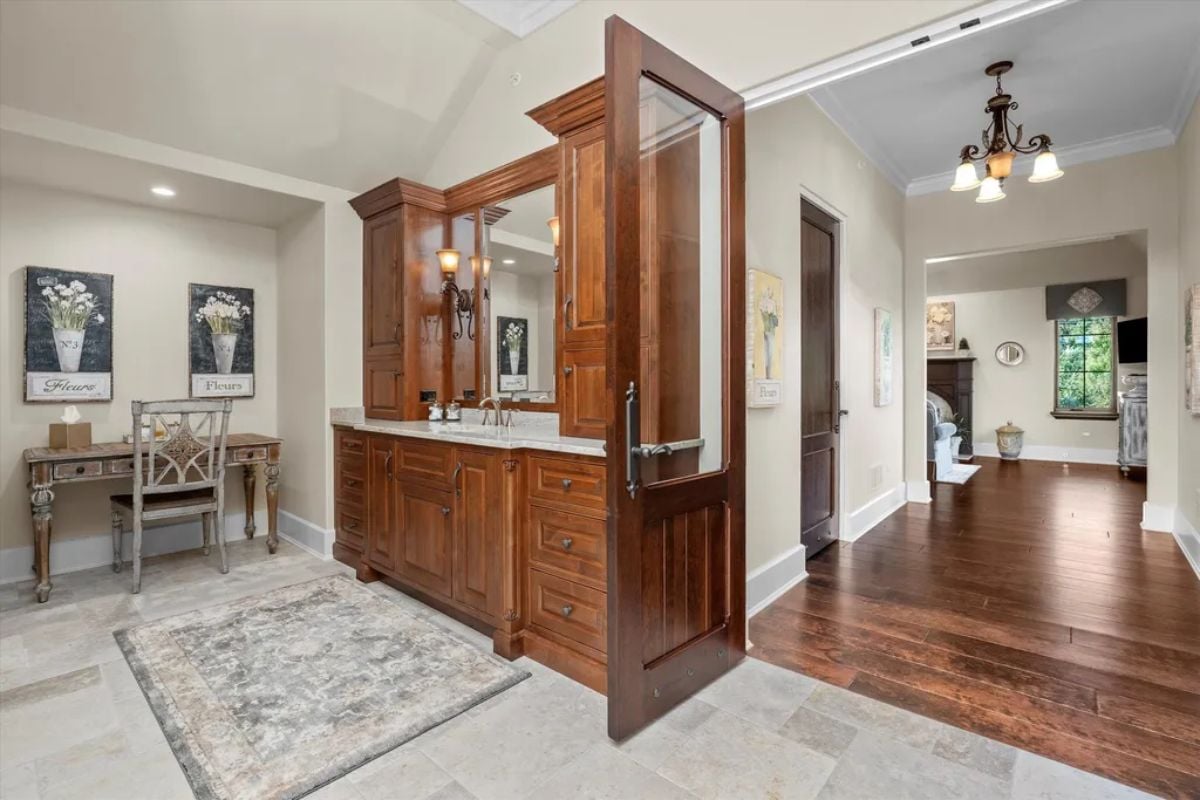 Wooden shower cabinet with sink