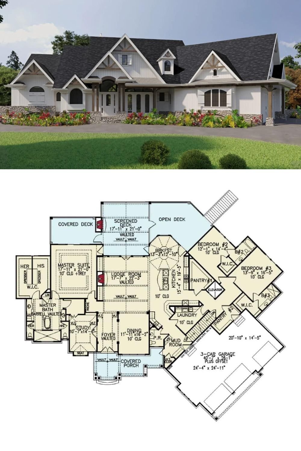 This 3-bedroom craftsman home offers a sprawling floor plan loaded with luxury amenities including an elevator, expansive porches, and an angled 3-car garage that connects to the home through a mudroom. It also has a bonus level and an optional basement filled with a bedroom, a social room, a home theater, a gym, and a gaming room with a large wet bar.