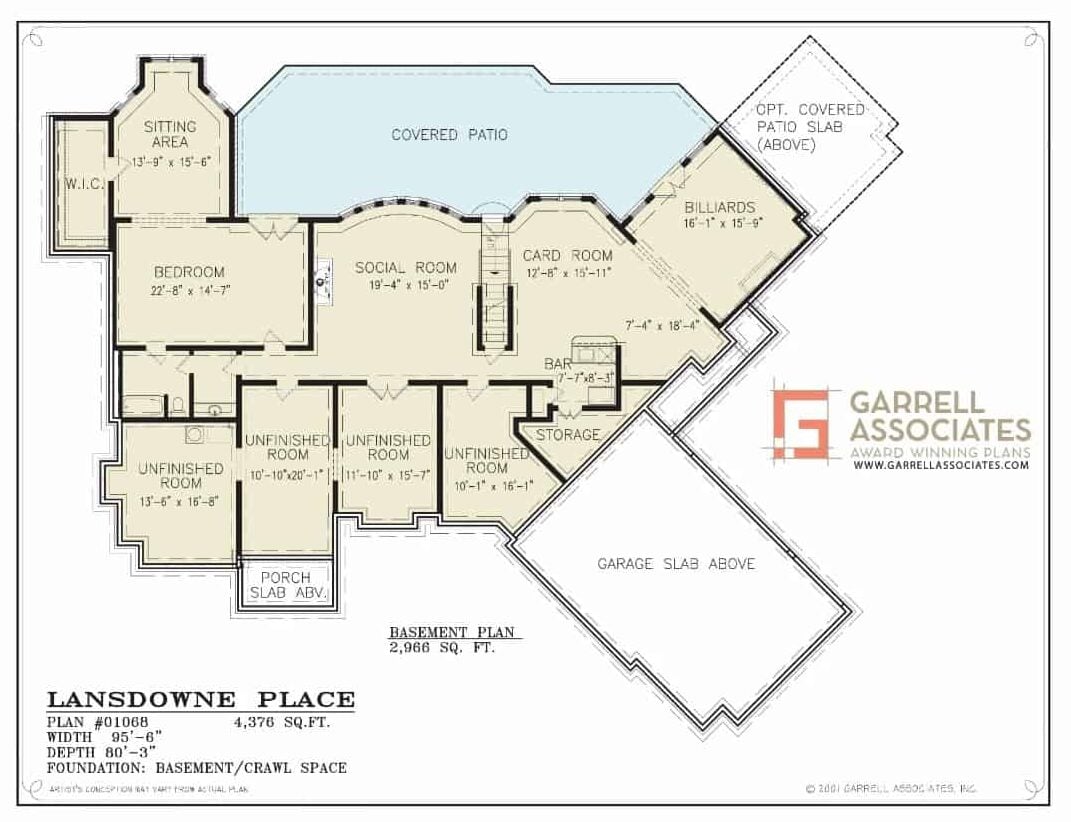 Lower level floor plan with a bedroom, a social room, card room, billiards room, and plenty of unfinished spaces.