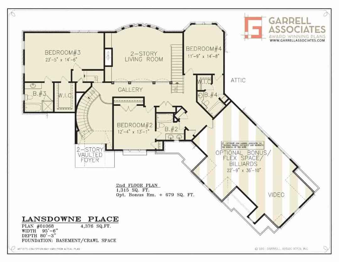 Second level floor plan with three bedrooms and a bonus room/flex space.