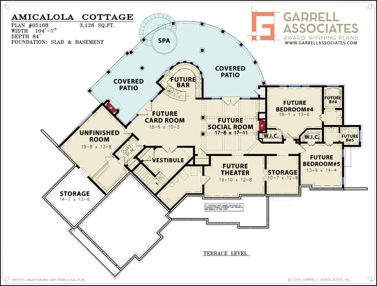 Lower level floor plan with two additional bedrooms, home theater, card room, social room, a wet bar, and tons of storage space.