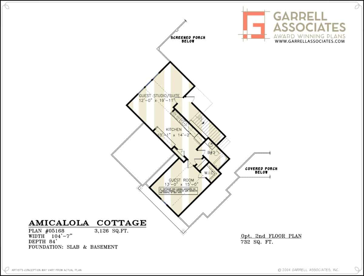 Second level floor plan with two guest suites, a kitchen, and a shared bathroom.