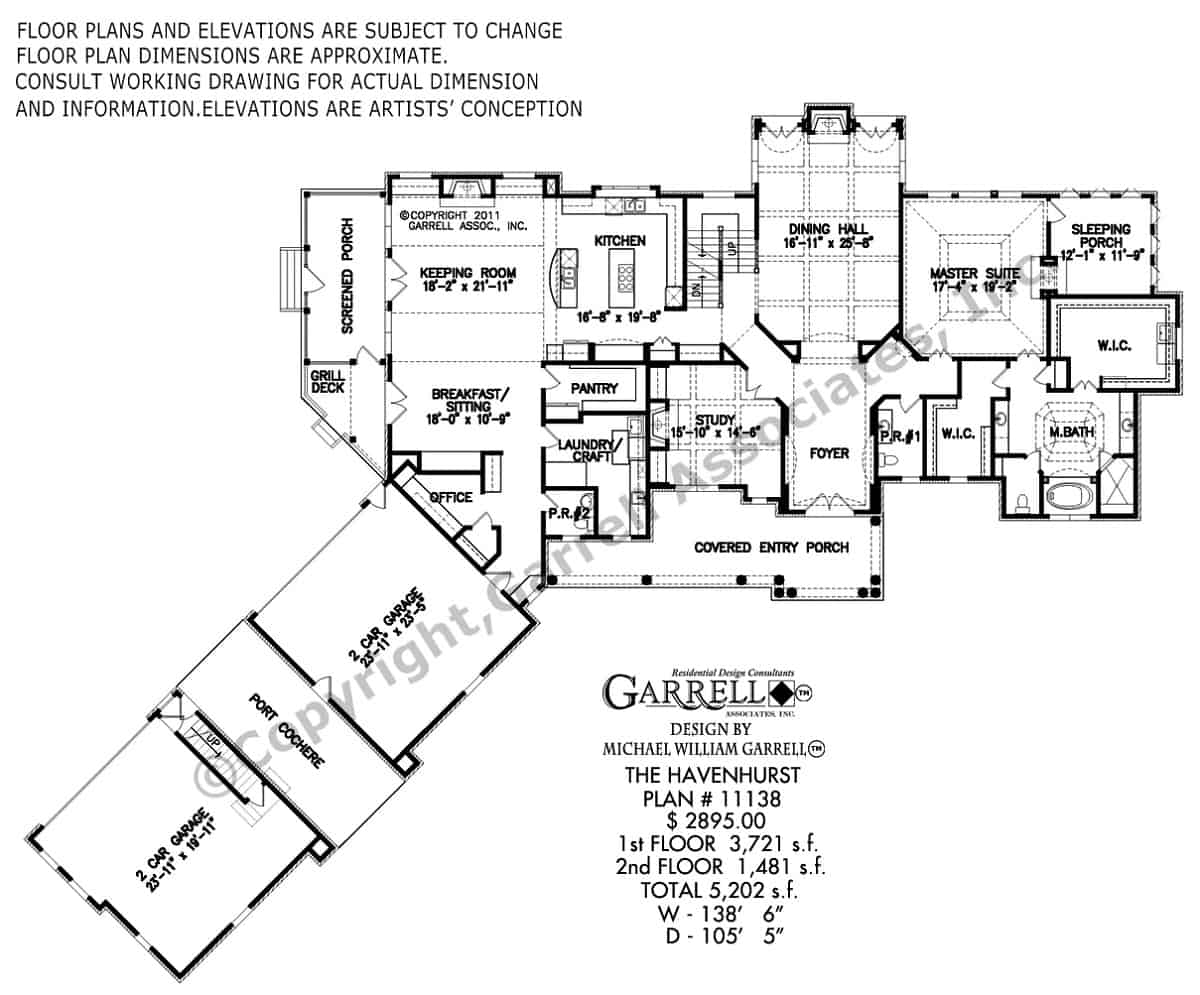 Main level floor plan of a traditional style 3-bedroom two-story Havenhurst home with foyer, study, dining hall, kitchen, keeping room, breakfast room, office, primary suite, and angled garages.