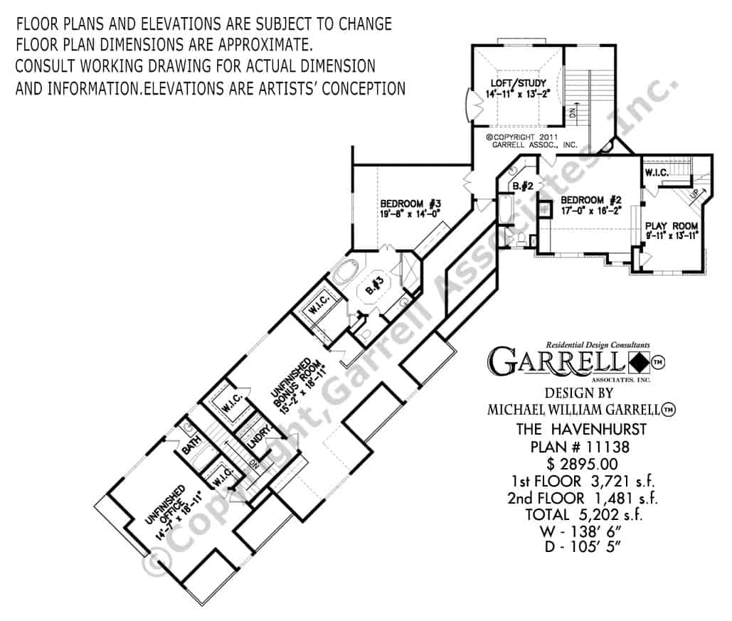 Second level floor plan with two bedrooms, a playroom, loft/study, and bonus spaces above the garage.