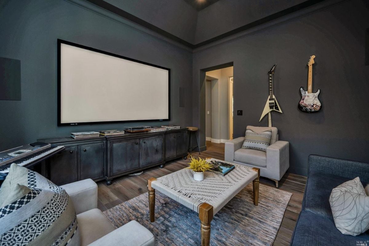Media room with a huge TV, couches and electric guitars.