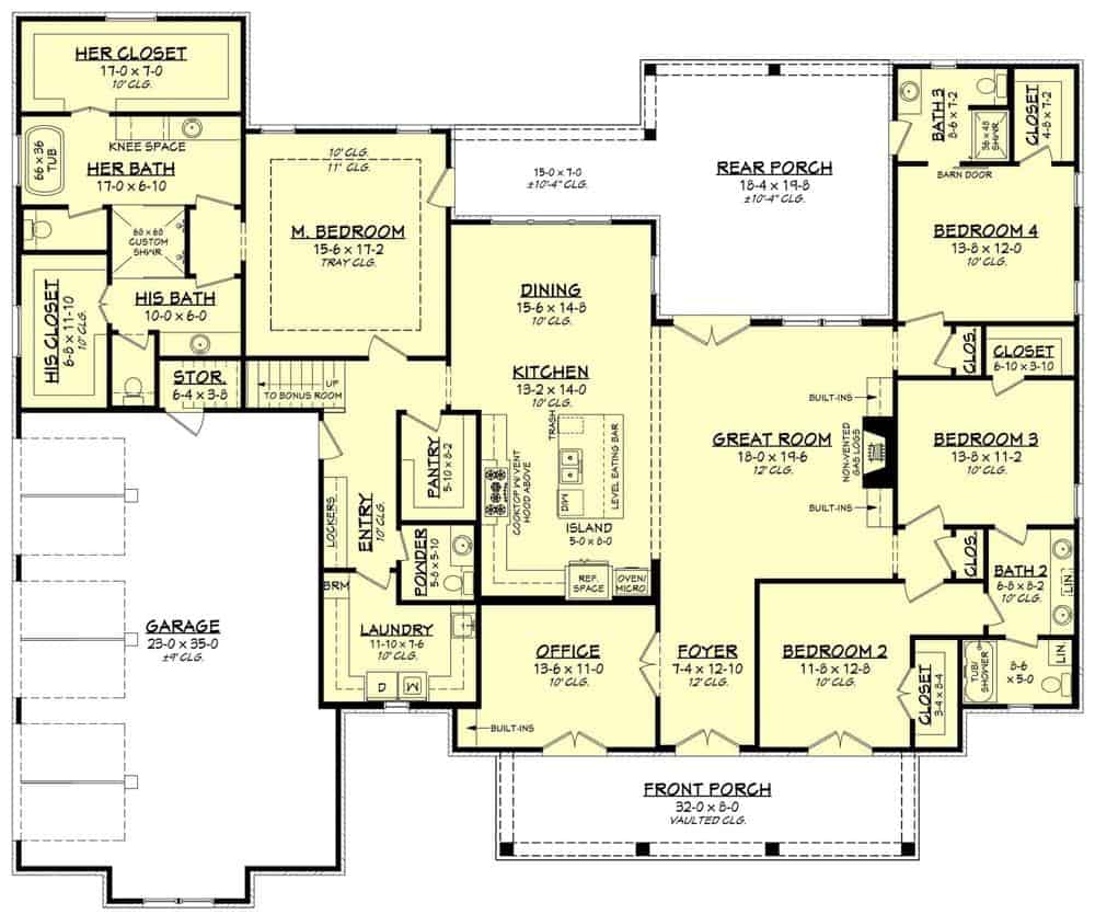 Main level floor plan of a 4-bedroom ranch style two-story home with a foyer, great room, kitchen, dining area, home office, laundry, four bedrooms, and a mudroom leading to the garage.