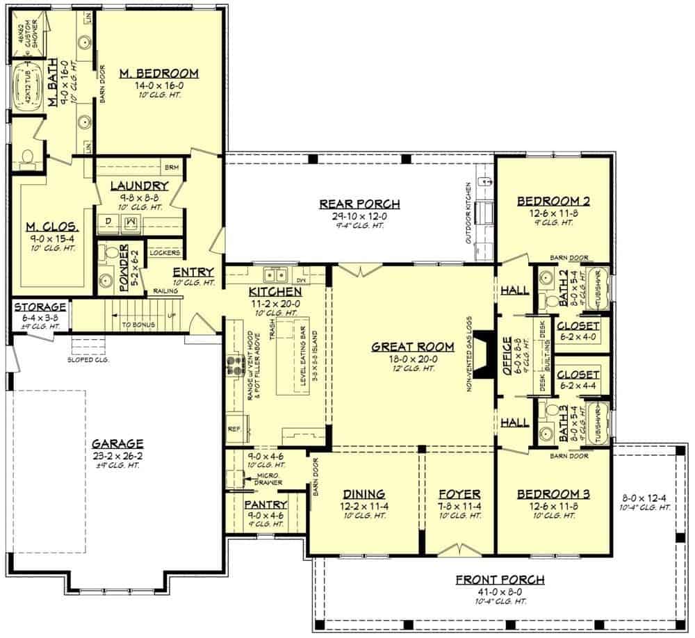 Main level floor plan of a single-story farmhouse style 3-bedroom home with a foyer, dining room, great room, kitchen, three bedrooms, laundry, and a side-entry garage.