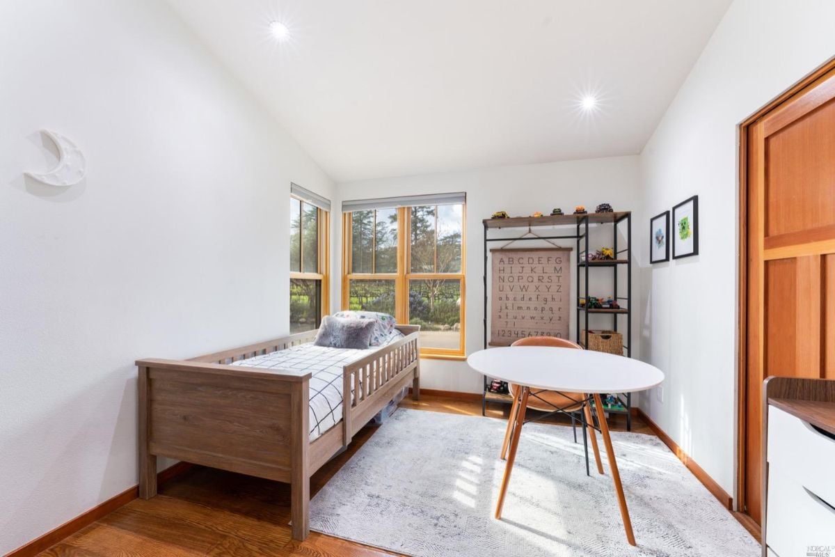 Kid's bedroom with wood floorings and glass windows.