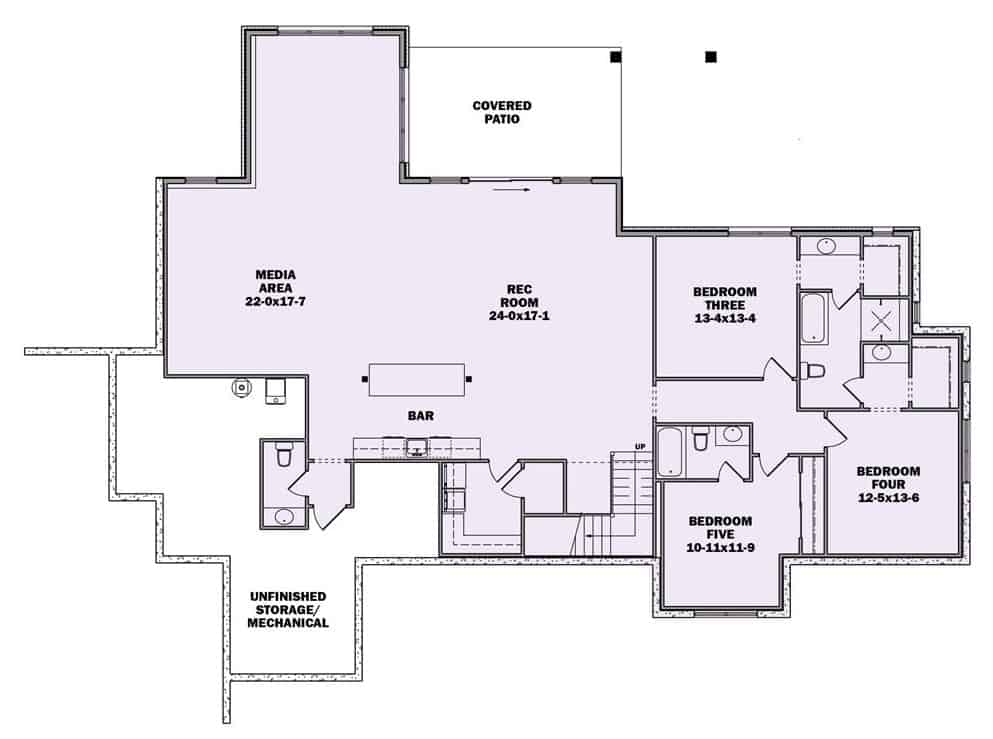 Lower level floor plan with three bedrooms, a media room, and a rec room with a wet bar and patio access.