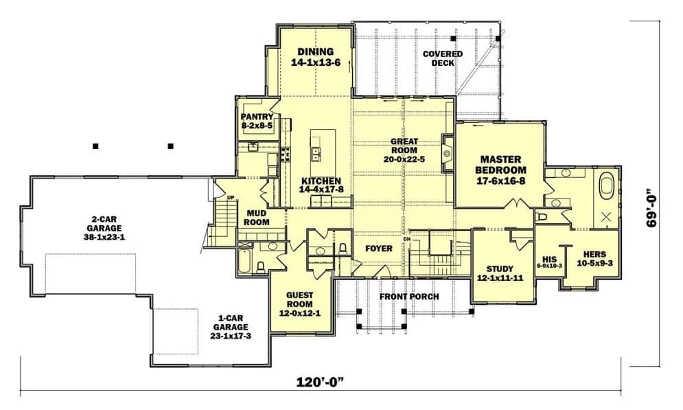 Main level floor plan of a two-story modern 5-bedroom contemporary home with foyer, great room, kitchen, dining area, two bedrooms, study, and mudroom leading to the garage.