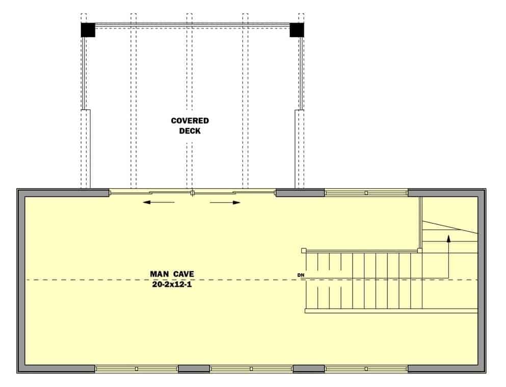 Second level floor plan with a man cave and a covered deck.