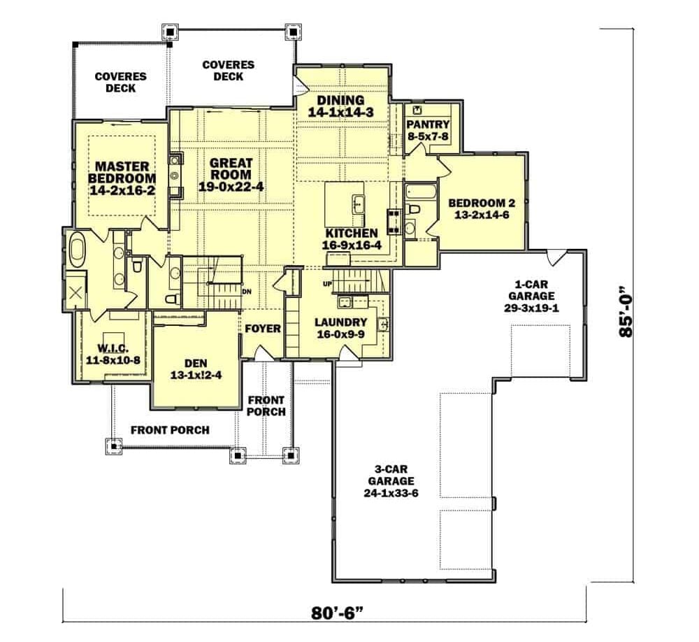 Main level floor plan of a contemporary style 7-bedroom single-story home with foyer, den, great room, kitchen, dining area, two bedrooms, and a laundry room leading to the garage.