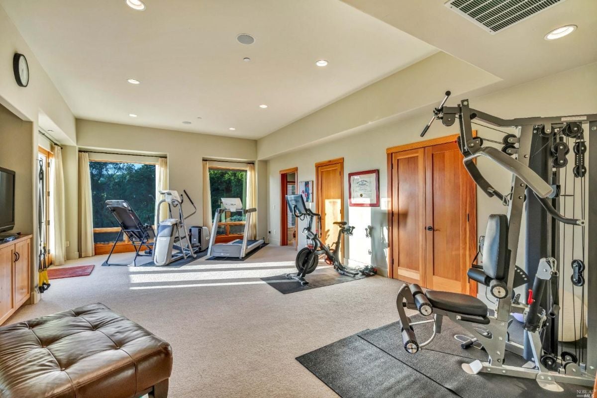 Home gym with large windows, carpet flooring and a television.