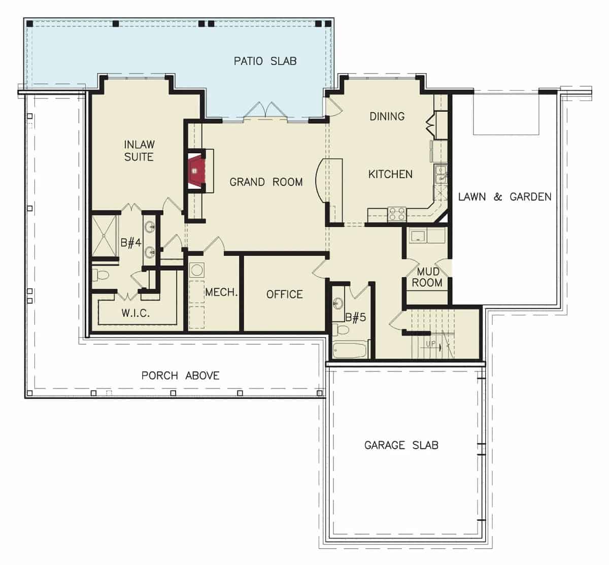 Lower level floor plan with an in-law suite, a grand room, home office, kitchen, dining area, and mudroom that opens to the lawn area.