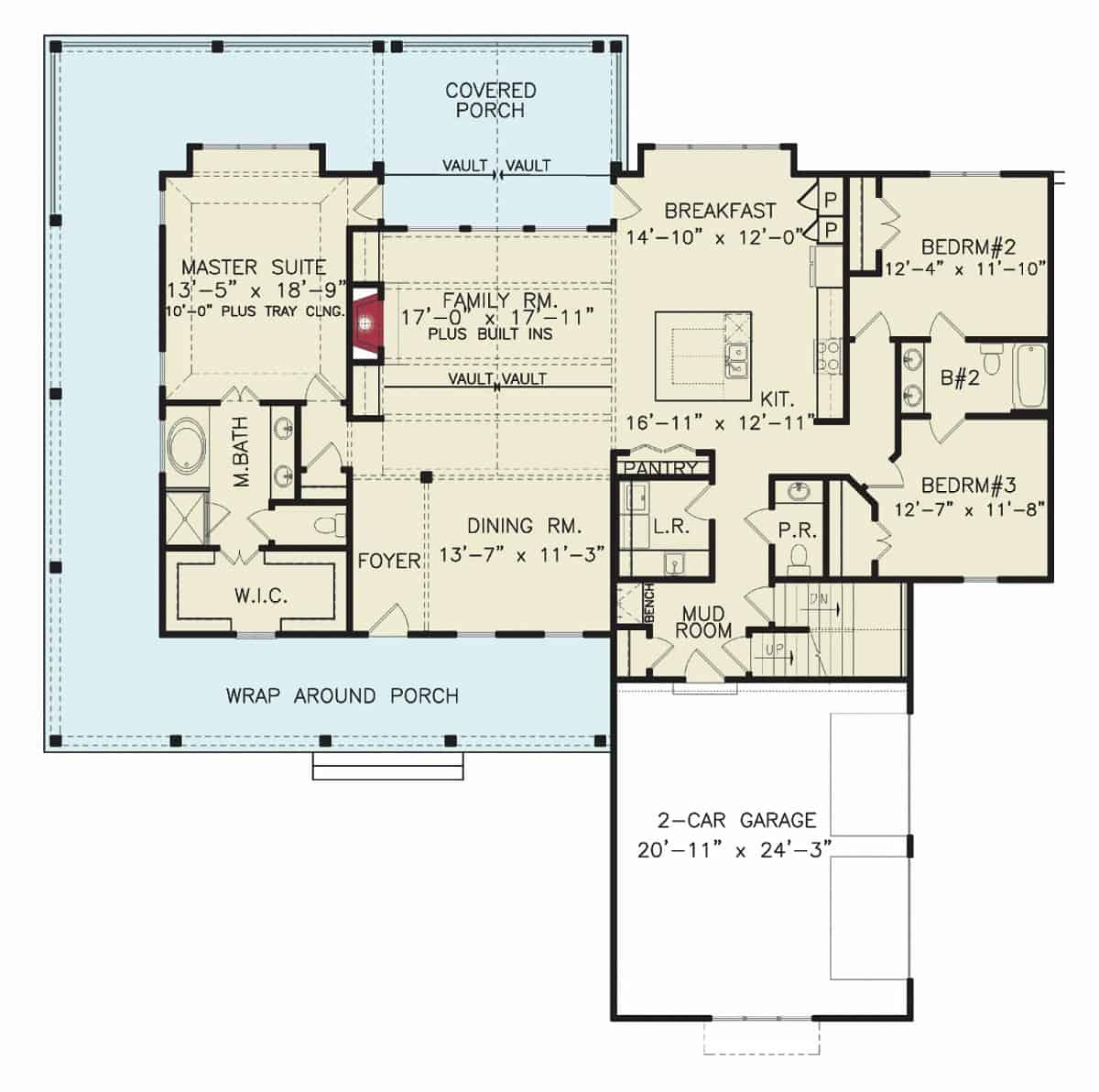 Main level floor plan of a 3-bedroom craftsman style two-story Mark Harbor D with a foyer, dining room, family room, kitchen, breakfast nook, three bedrooms, and a mudroom leading to the garage.