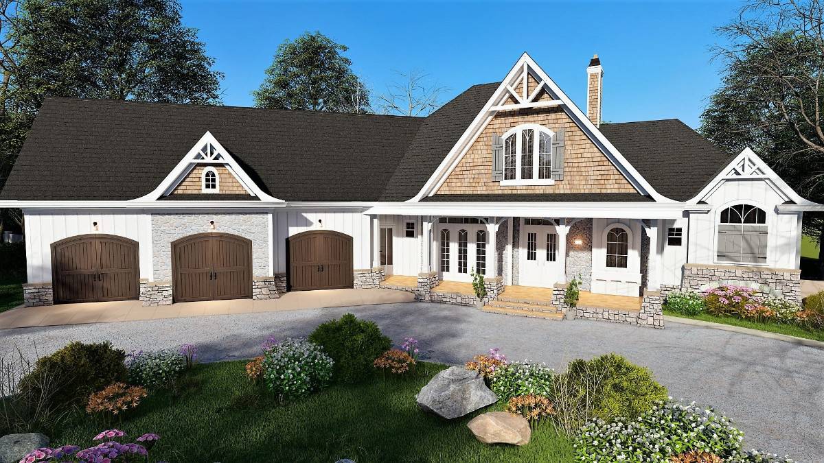 Front rendering with an angled 3-car garage and a covered entry porch framed with stone base columns.
