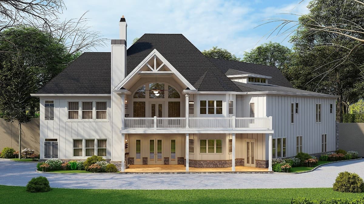 Rear rendering with stacked porches and a multitude of windows bathing the interior with abundant natural light.