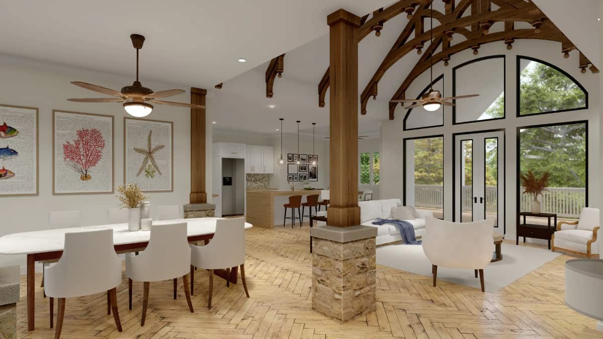 An open layout view of the dining room, great room, and kitchen from the foyer.