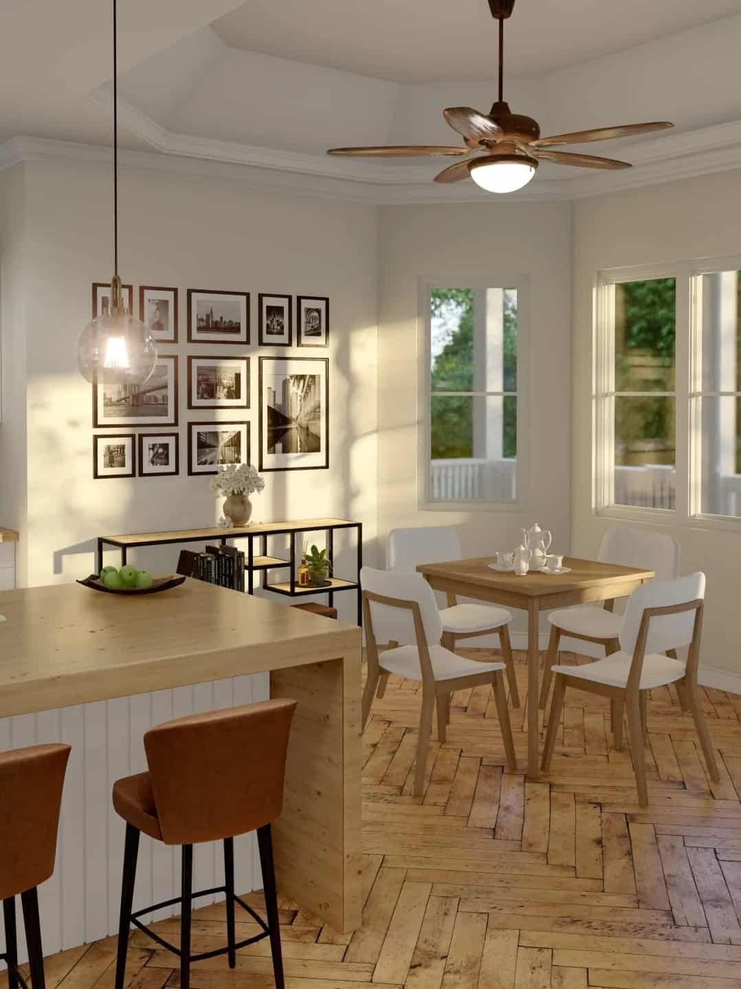 Breakfast nook with an octagonal tray ceiling and a bay window that looks out the rear deck.
