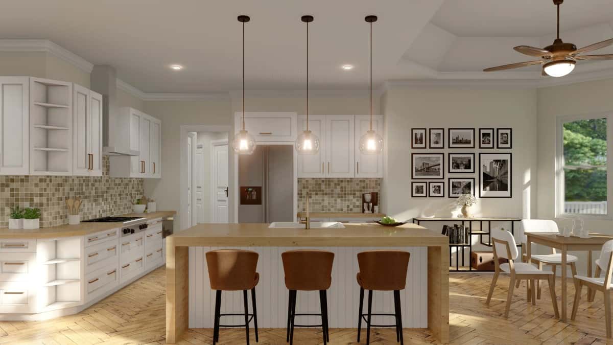The kitchen has white cabinetry, wooden countertops, and a breakfast island with three seating.
