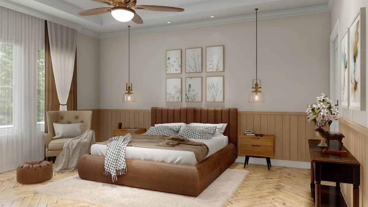 Primary bedroom with half beadboard walls, a tray ceiling, and a leather upholstered bed over parquet flooring.