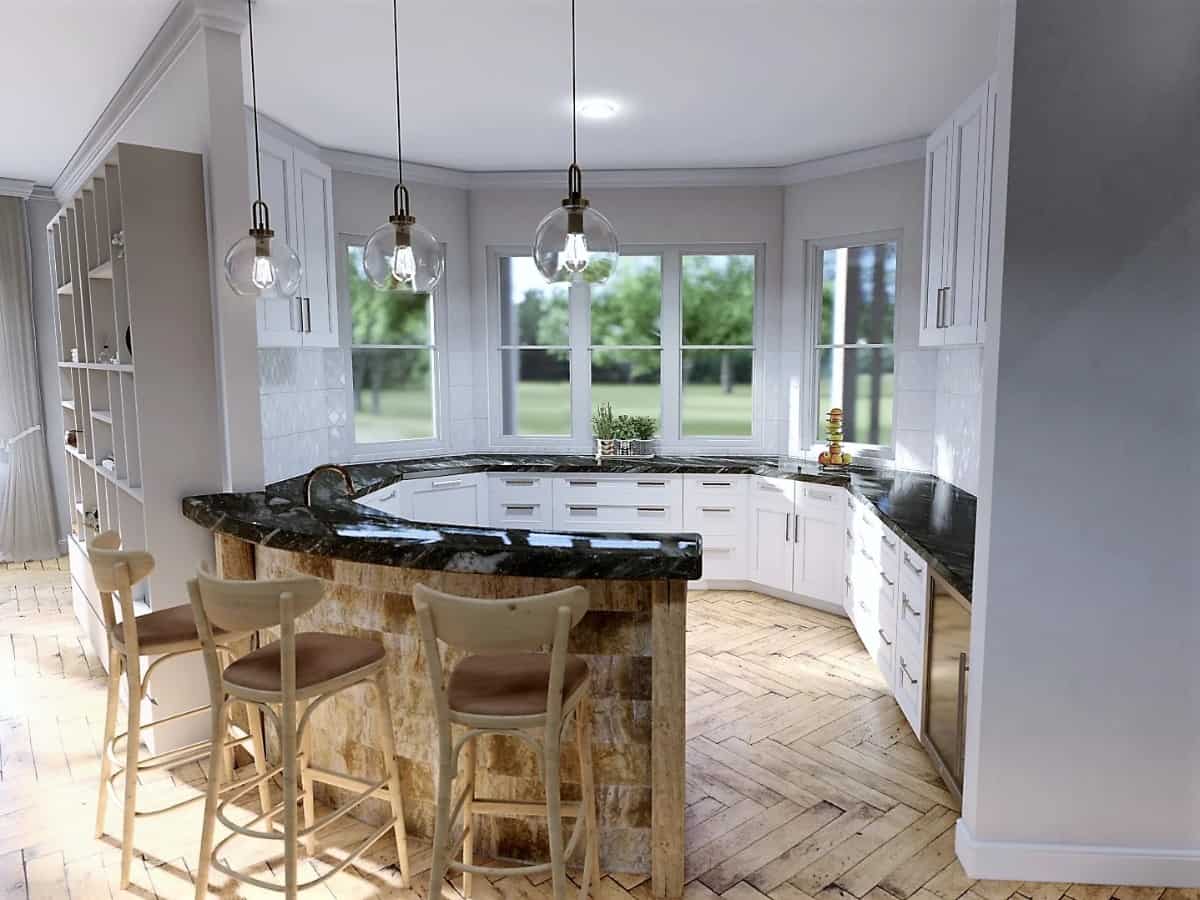 A bay window illuminates the wet bar.