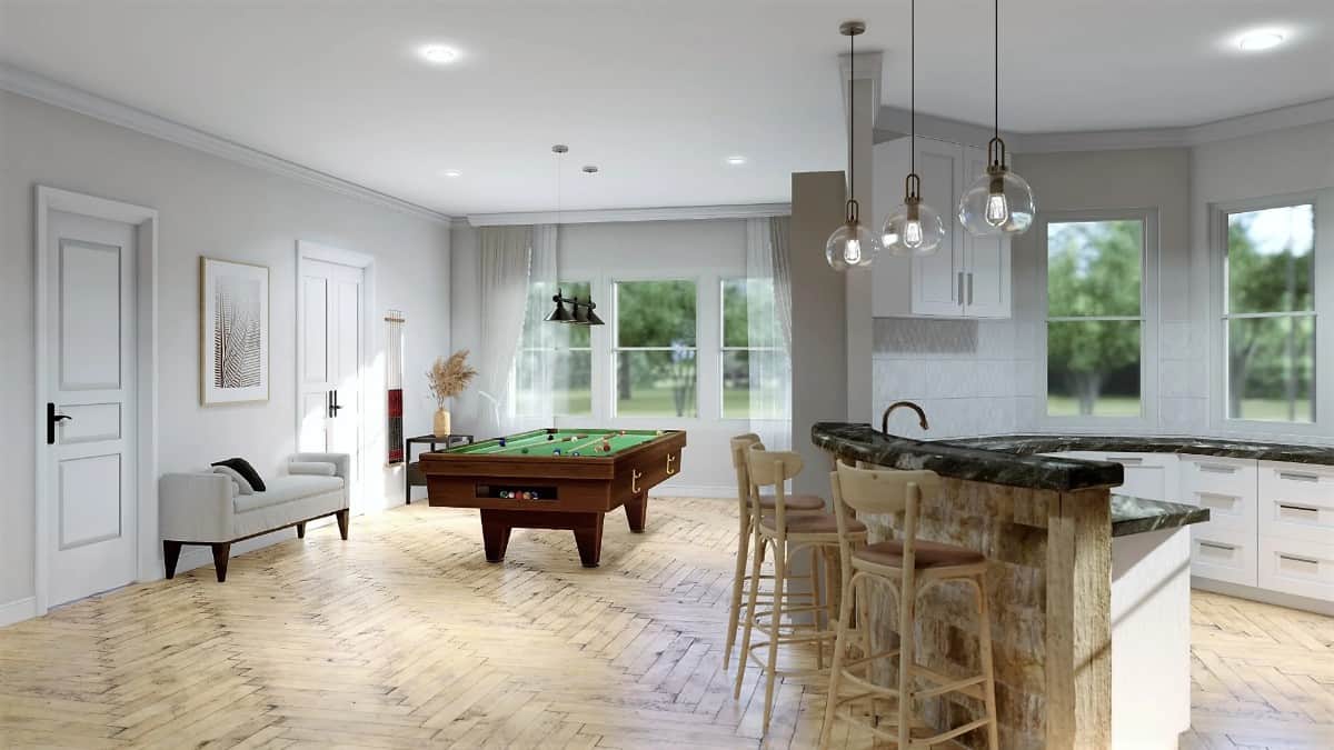 The basement has a wet bar and a billiards room.