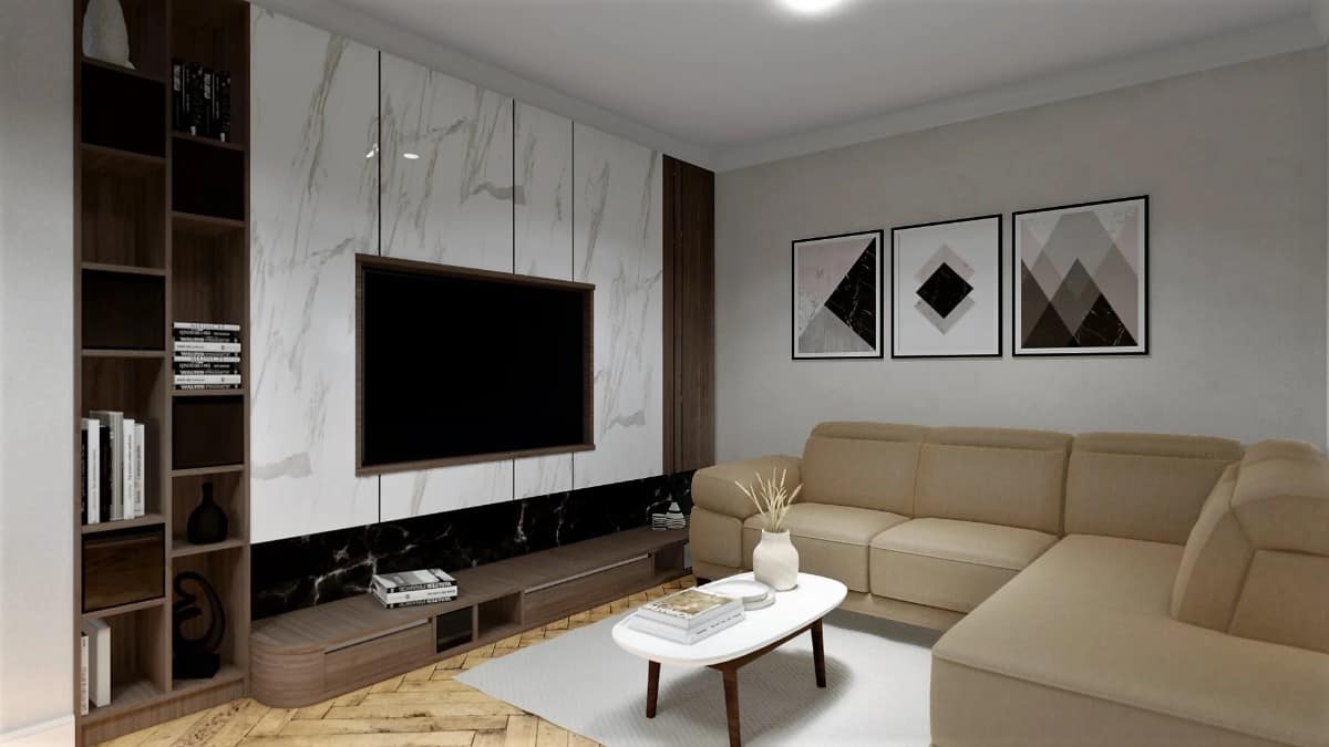 The home theater has an L-shaped sofa and a large screen highlighted by marble panels.