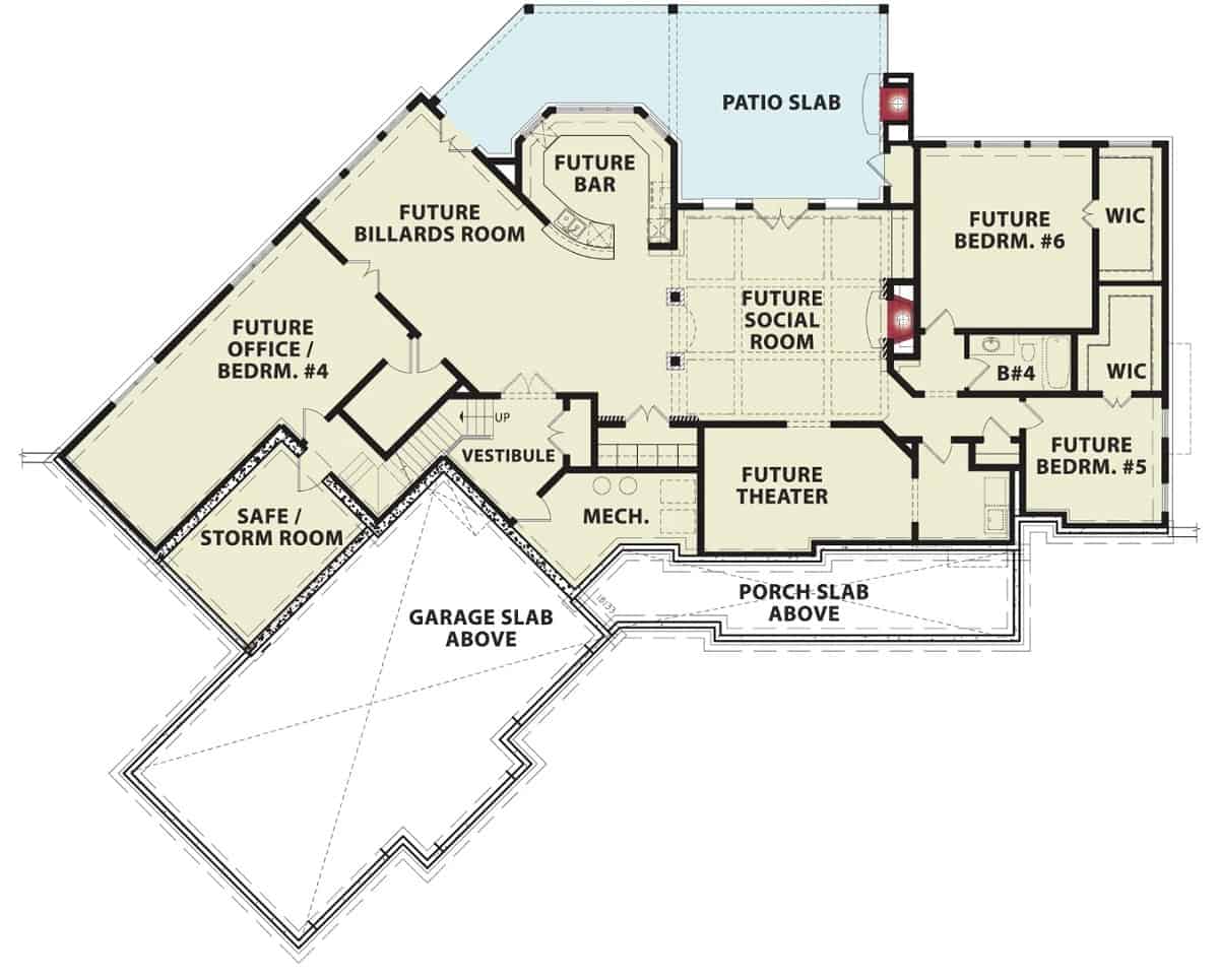 Lower level floor plan with three additional bedrooms, a home theater, billiards room, wet bar, and social room that opens to the rear patio.