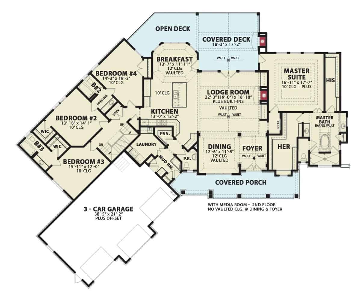 Main level floor plan of a two-story 4-bedroom Chestnut Falls Cottage C with a foyer, lodge room, dining room, kitchen, breakfast nook, four bedrooms, laundry room, and a mudroom leading to the angled 3-car garage.